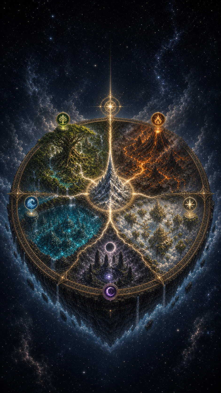The complete floating world of Tatenen, showing five magical realms surrounding the Cor Orbis.