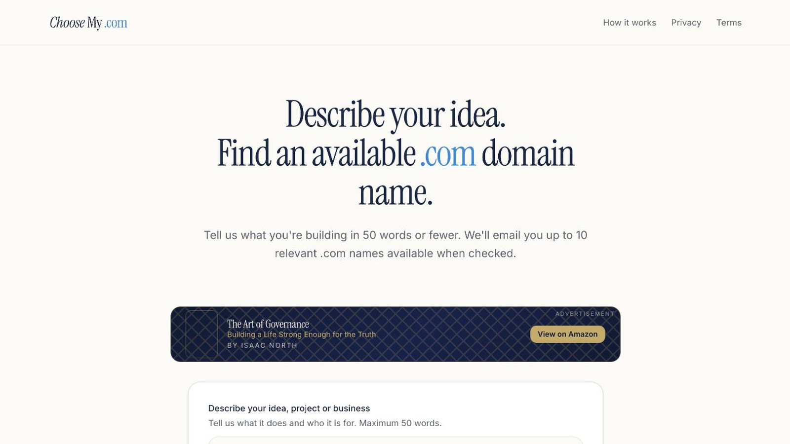 Choose My .com landing page screenshot